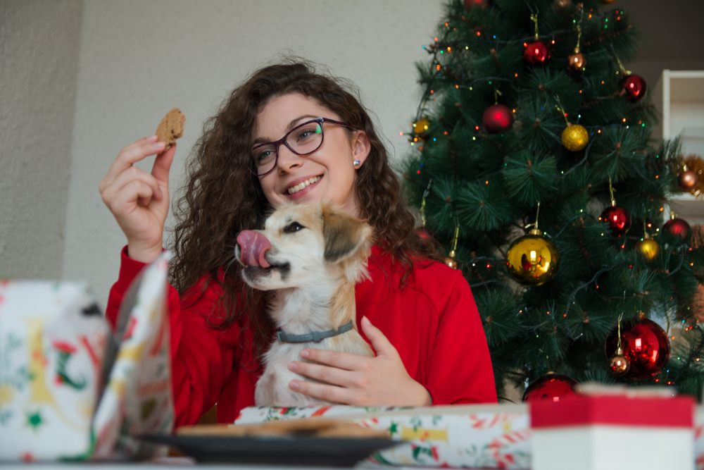 Woman feeding a small dog Christmas cookies — holiday foods that can harm pets