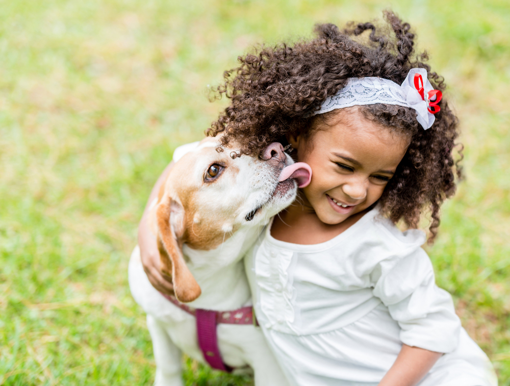 Happy pet owner with her dog licking her face, celebrating the joy of the human-animal bond