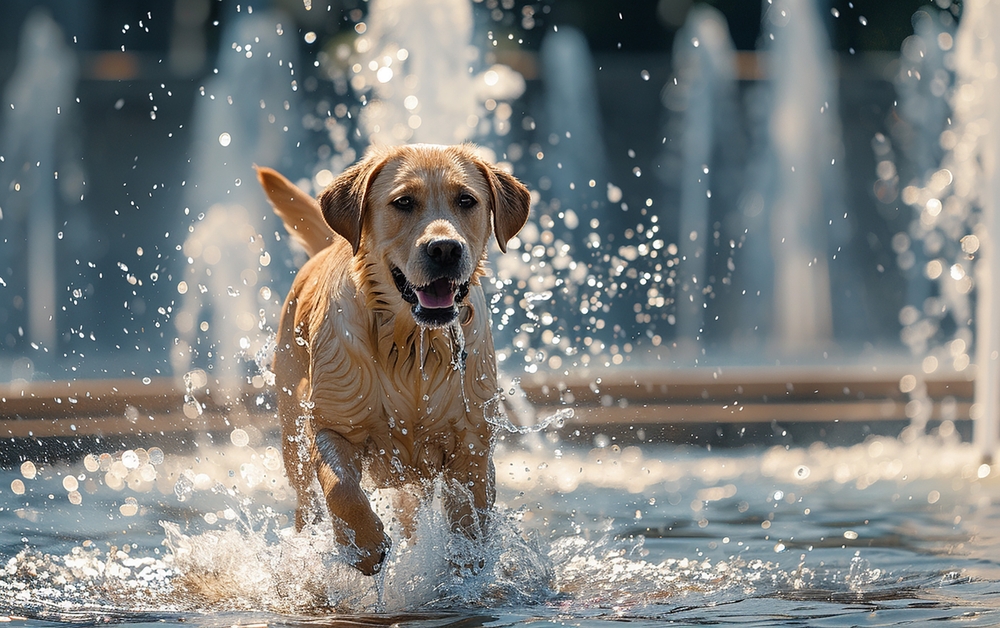 Happy Labrador Retriever splashing through water on a hot day, showing healthy pet energy